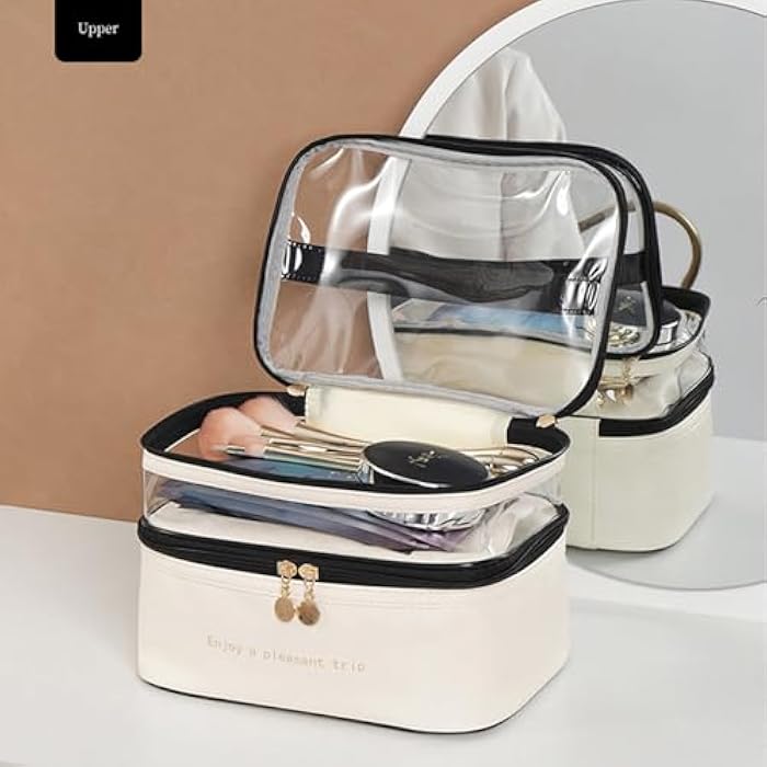 gepas Cosmetic Bag, Leather Double Layer Cosmetic Bag, Large Capacity Waterproof Makeup Bag, Made of Leather, 23 x 17 x 16 cm, Pink - Image 2